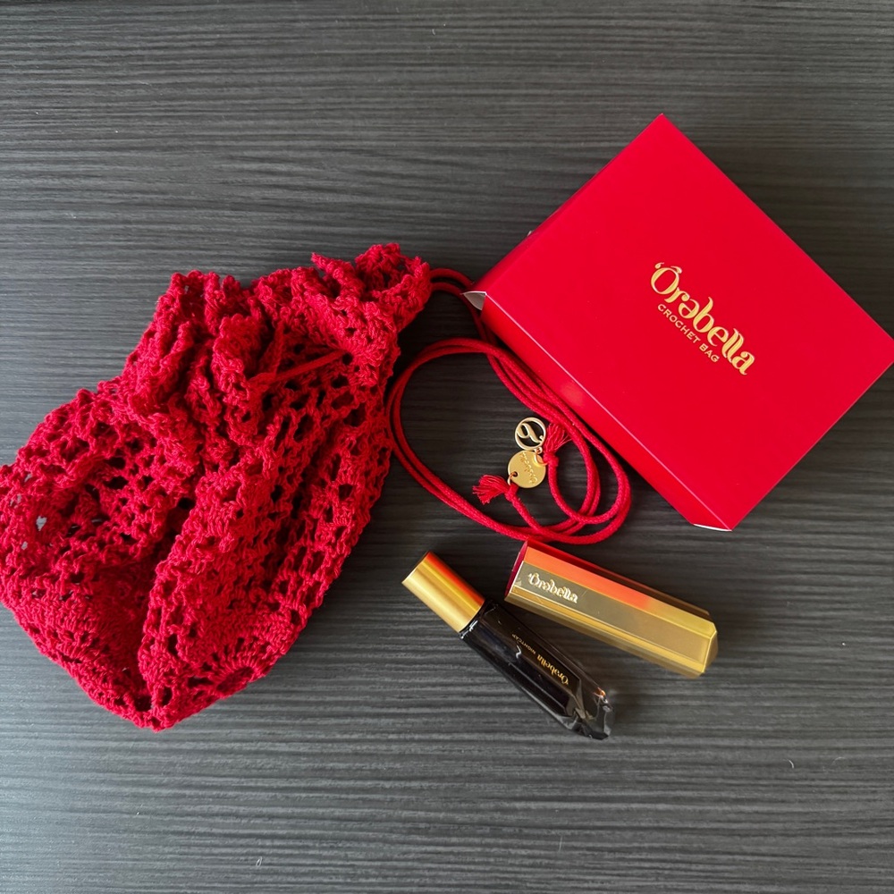 Abella Red Crochet Crossbody Bag travel parfume and case